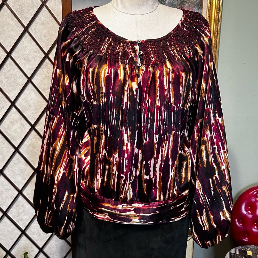 Michael Kors Brown Maroon Ballon Sleeve Smocked Top Button Empire Waist Blouse